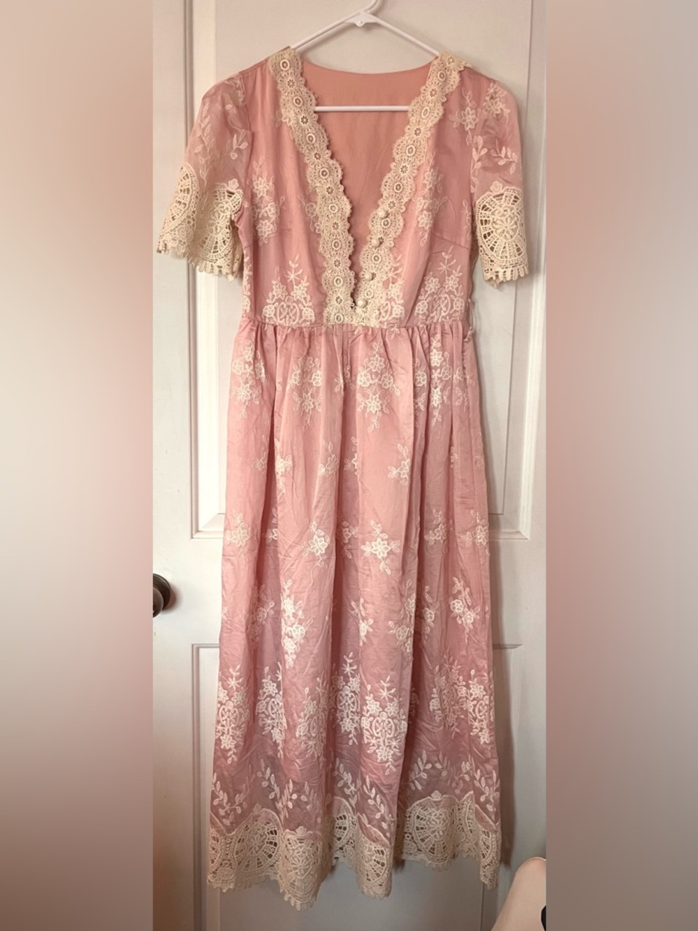 Delicate Soft Pink Lace Embroidered Maxi Dress